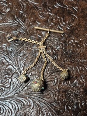 Antique Brass Charm Watch Fob with Colored Accent Stones